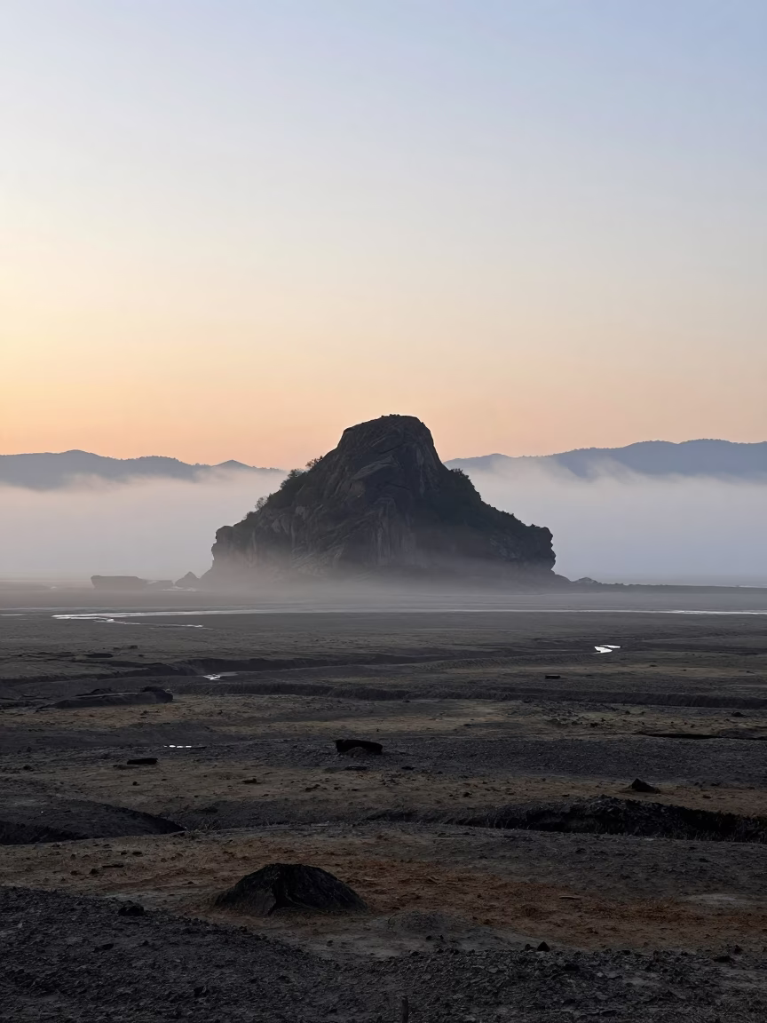 Tidal Island Silhouette at Misty Dawn in Santander Valley in across a wide valley floor near Santander