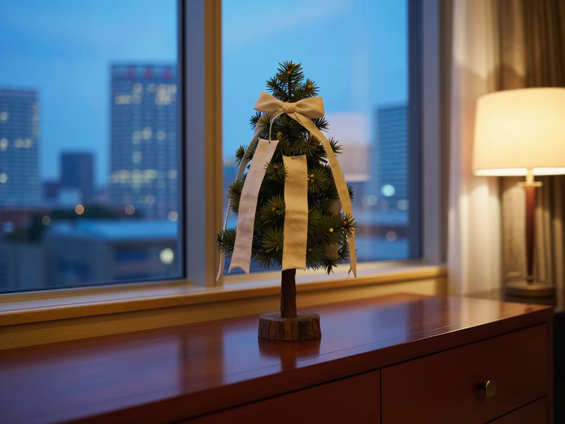 Tied Cloth Strips on Wishing Tree Branches Tokyo in on a hotel dresser near Odaiba, Tokyo