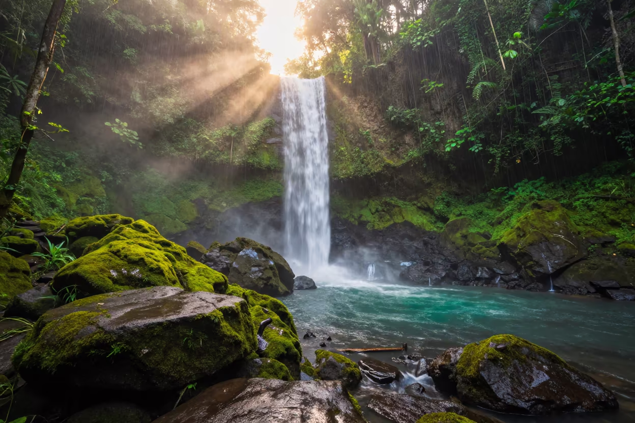 Tiered Waterfall in Bali Jungle at First Light in across a floodplain after rain in Bali