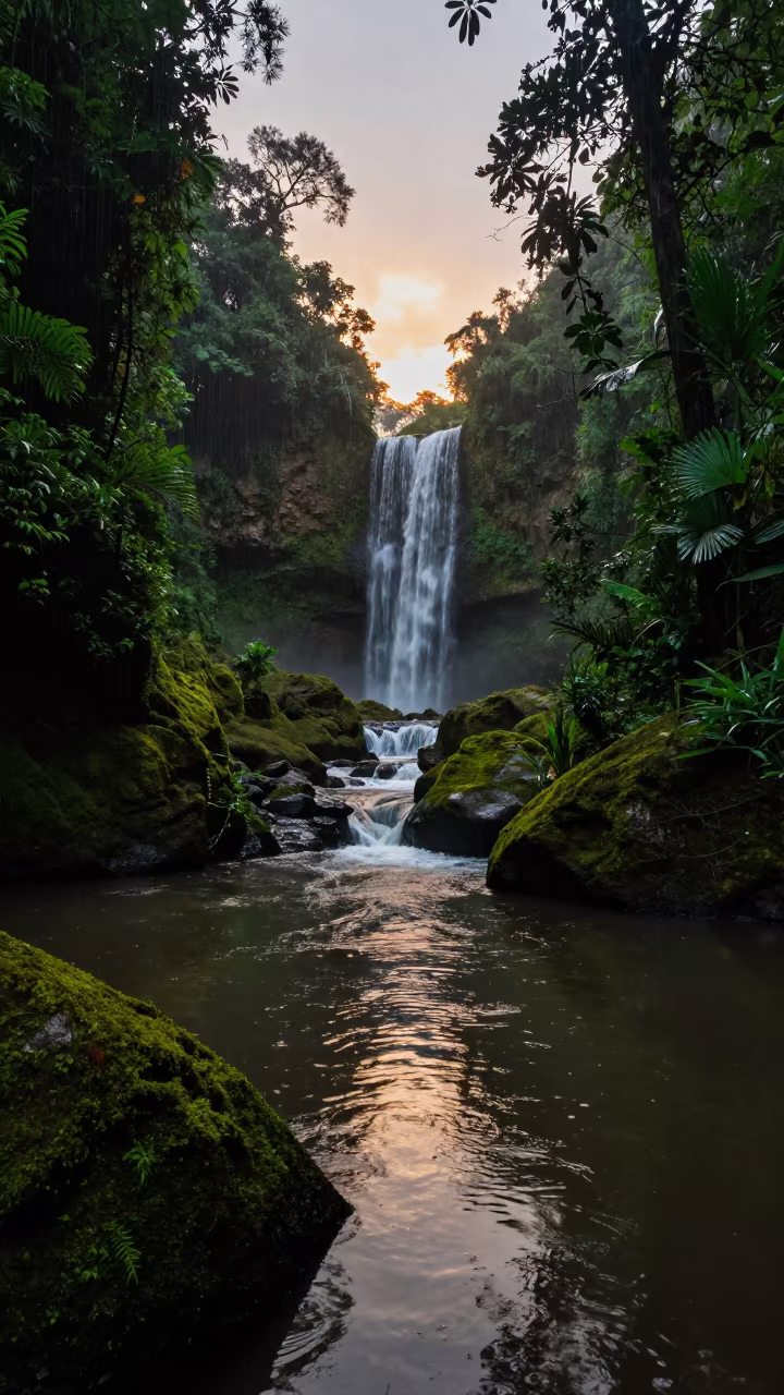 Tiered Waterfall Mossy Jungle Ravine Havana Dawn in across a floodplain after rain near Fusterlandia, Havana