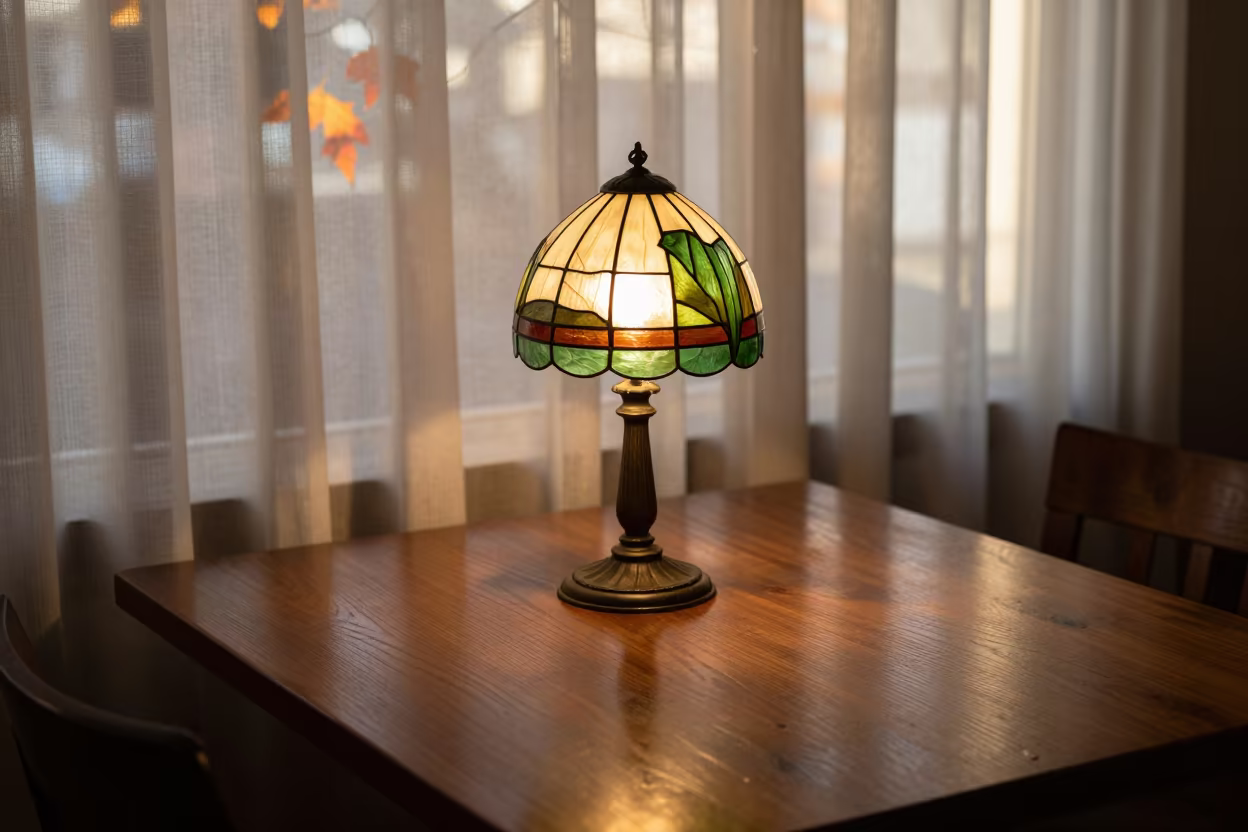 Tiffany Lamp Glowing on Perth Cafe Table in on a cafe table by a window in Perth