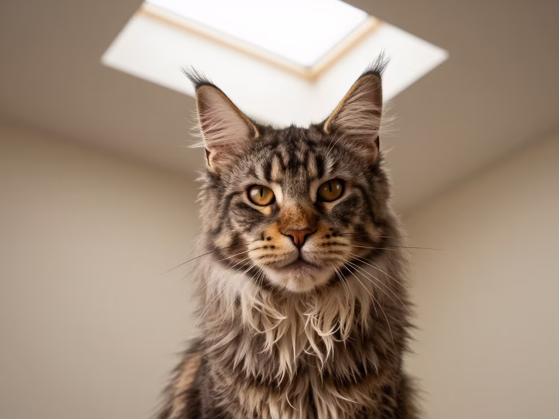 Tight Close-up Portrait of Maine Coon Cat in in a quiet portrait studio with a plain backdrop and eye-level framing in Al Mokattam