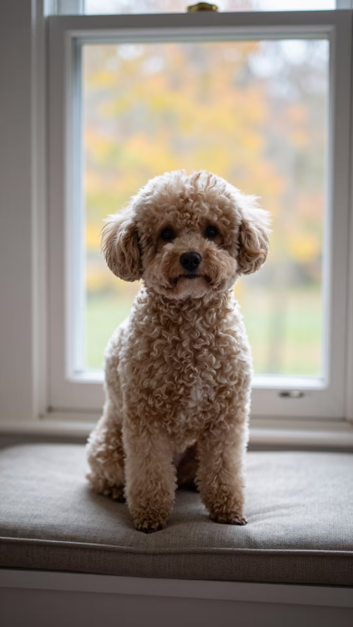 Tight Portrait of Teacup Poodle on Window Seat in on a cushioned window seat with soft side light and an uncluttered background in Richmond Hill