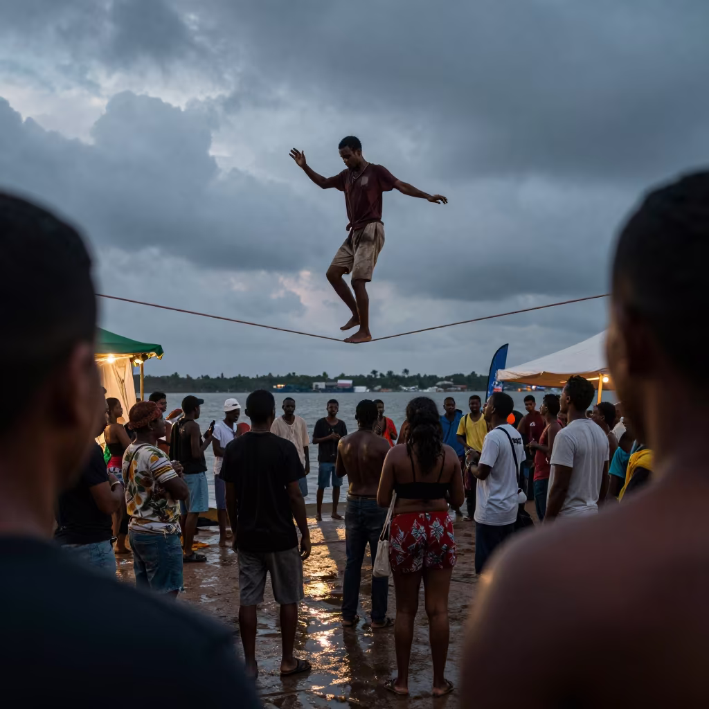 Tightrope Walker Cabinda Rainy Season Dawn in at a waterfront celebration near Cabinda