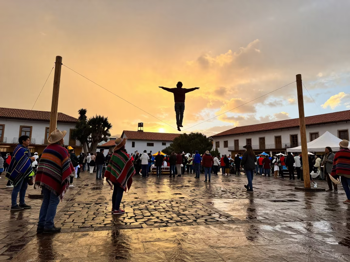 Tightrope Walker El Alto Festival Golden Hour in at a public square during a festival in El Alto
