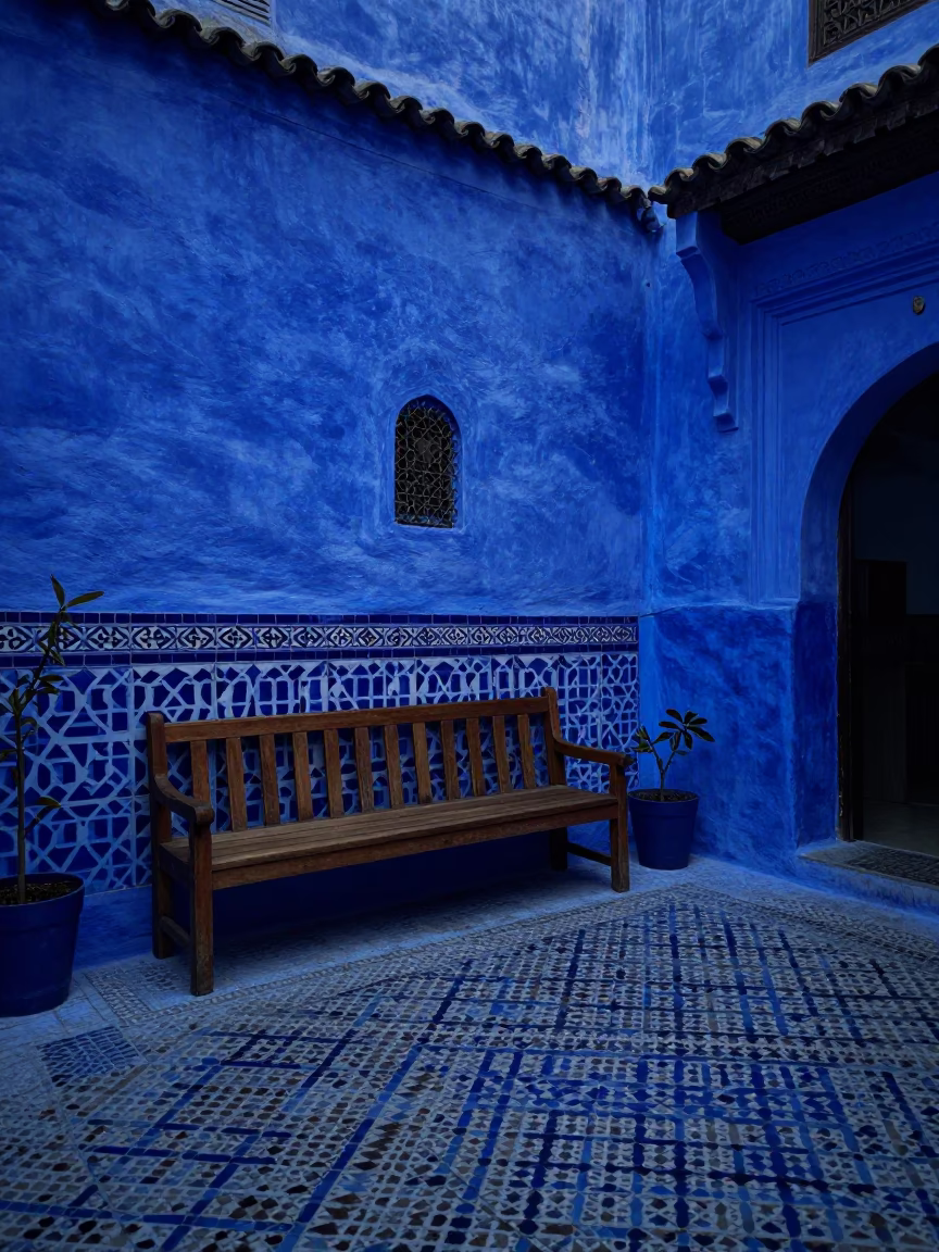 Tile Courtyard in Fez at The Last Blue Light Of Evening in in Fez, Morocco