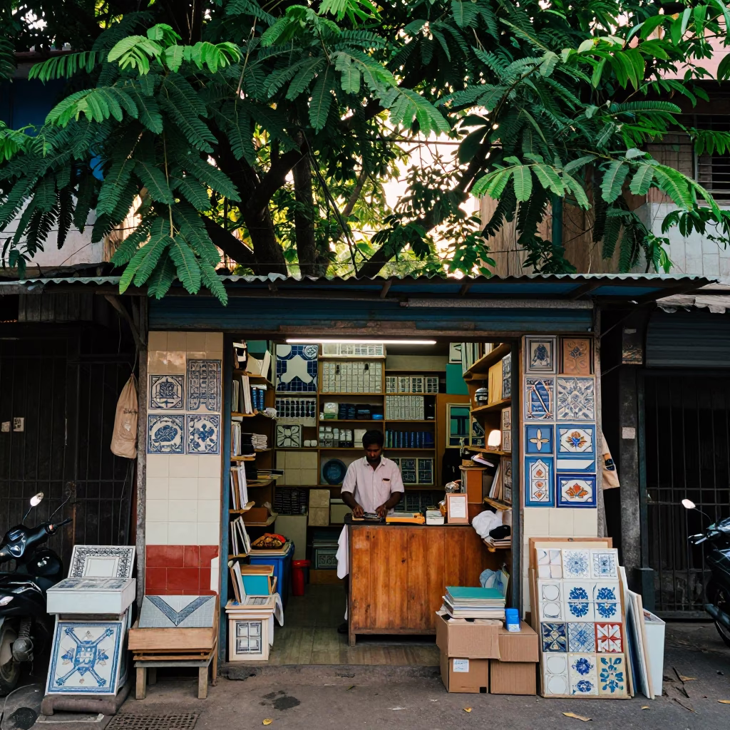 Tile Fragments in Chennai at As First Light Reaches The Scene in in Chennai, India