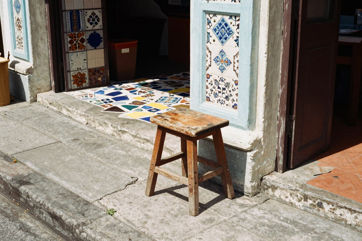 Tile Fragments in George Town at Flat Noon Light in in George Town, Malaysia