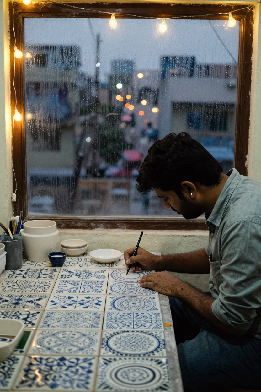 Tile Maker Painting Ceramic Patterns in Chandigarh in in an atelier in Chandigarh
