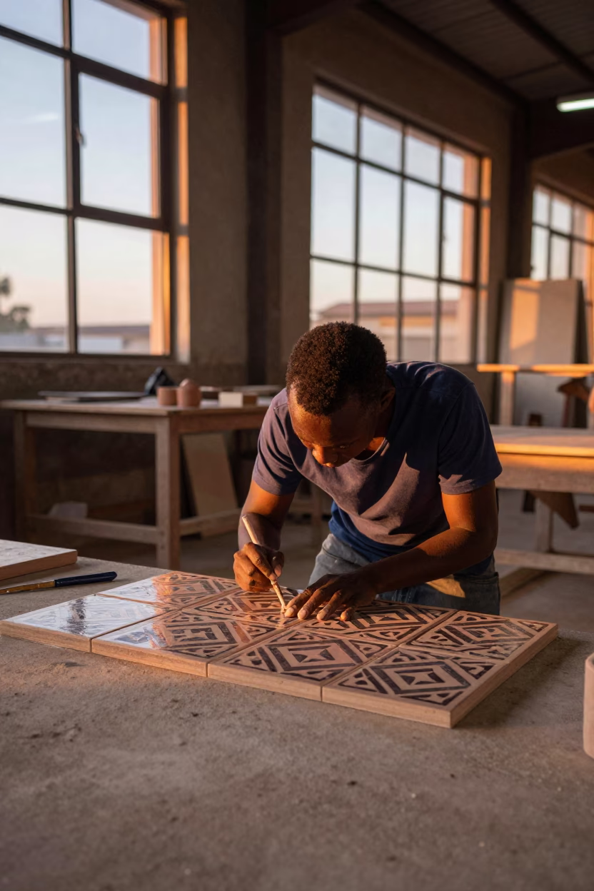 Tile Maker Painting Ceramic Patterns in Gaborone in in a warehouse loft in Gaborone