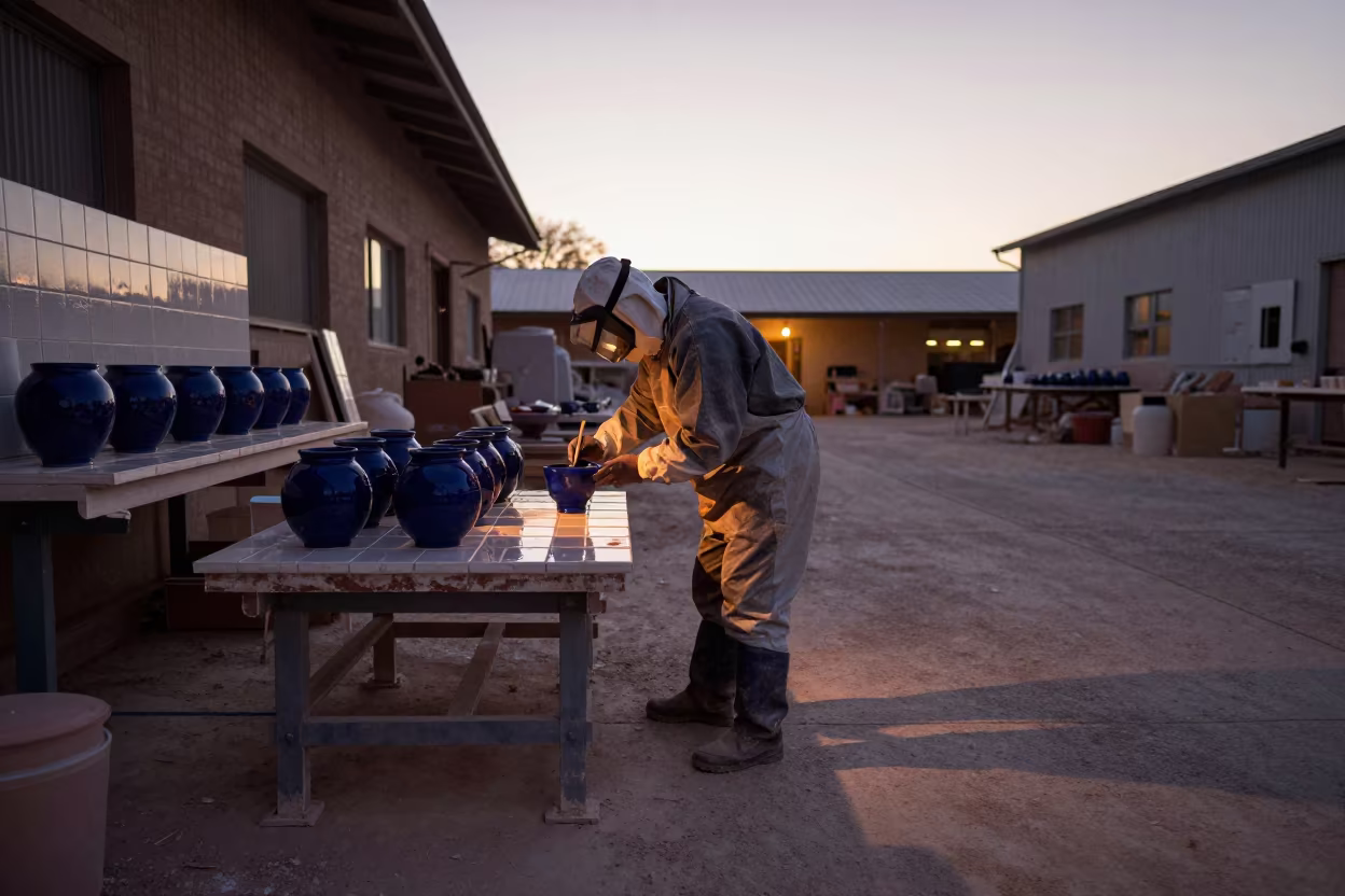 Tile Maker Painting Ceramics in Dallas Foundry in in a foundry in Dallas