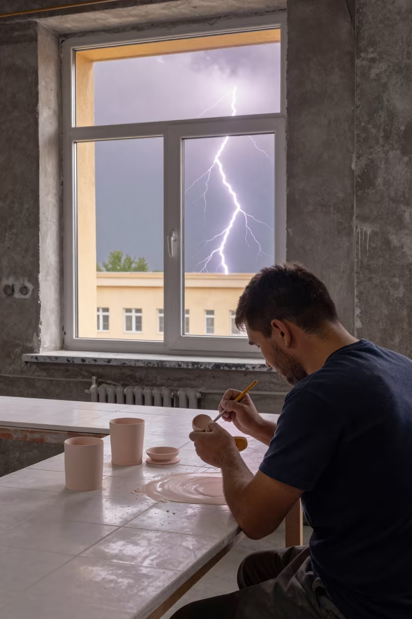 Tile Maker Painting Ceramics with Frozen Lightning in in a foundry in Pavlodar