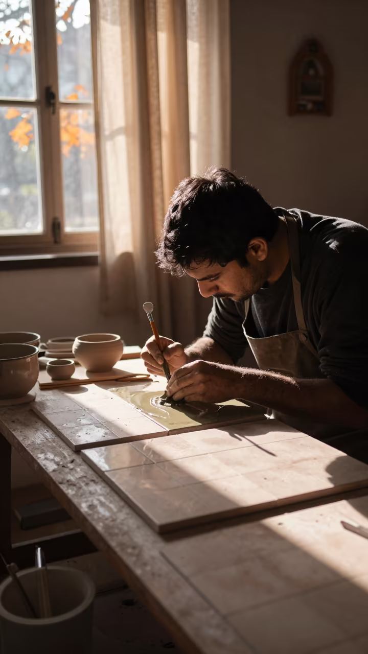 Tile Maker Painting Ceramics in Shimla Studio in in a studio in Shimla