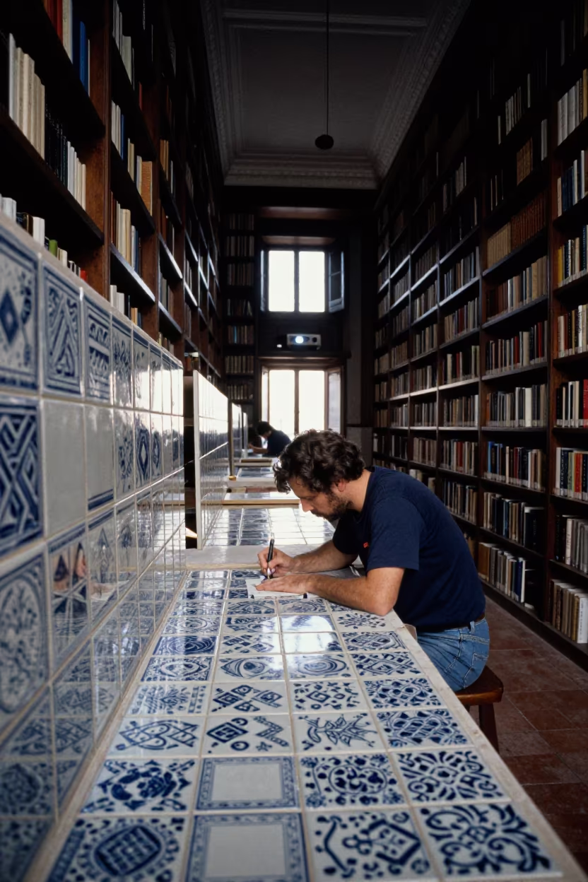 Tile Maker Painting Patterns in Madrid Library Before Dawn in in a library reading room in Barrio de las Letras, Madrid