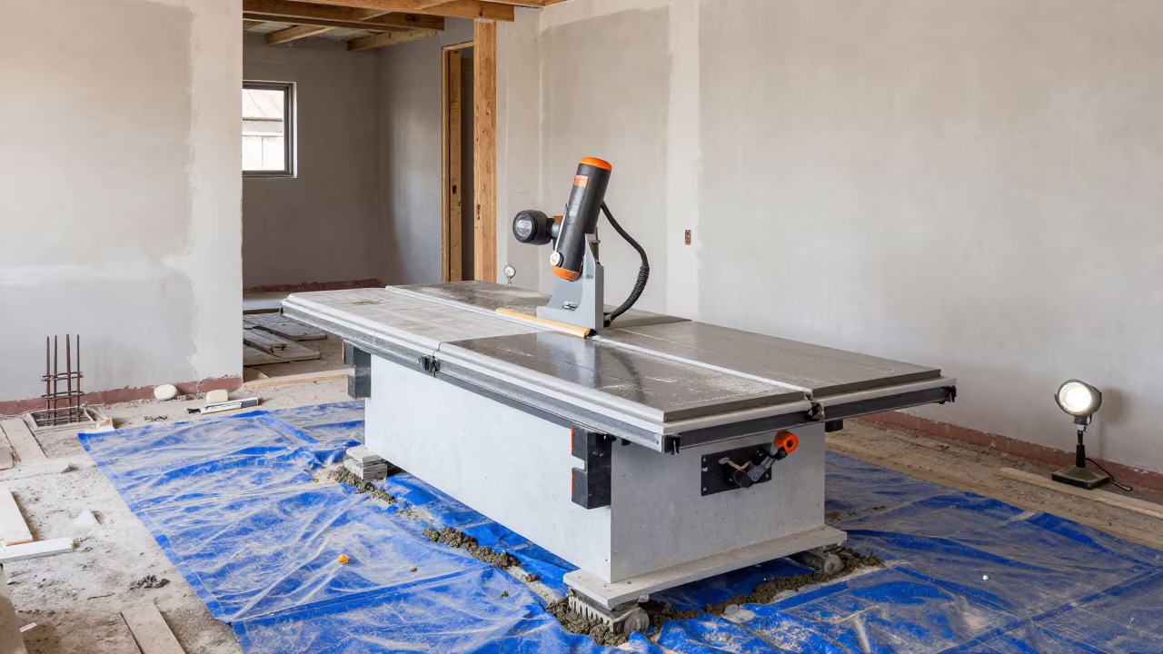 Tile Saw Station in Huancayo Renovation Corridor in in a renovation zone under temporary light near Huancayo