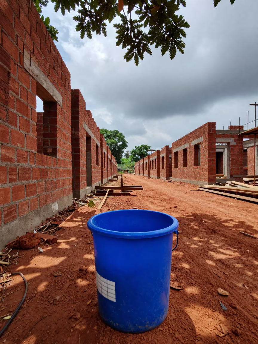 Tile Spacer Bucket Before Lift on West Bengal Site in beside a framed building shell in West Bengal