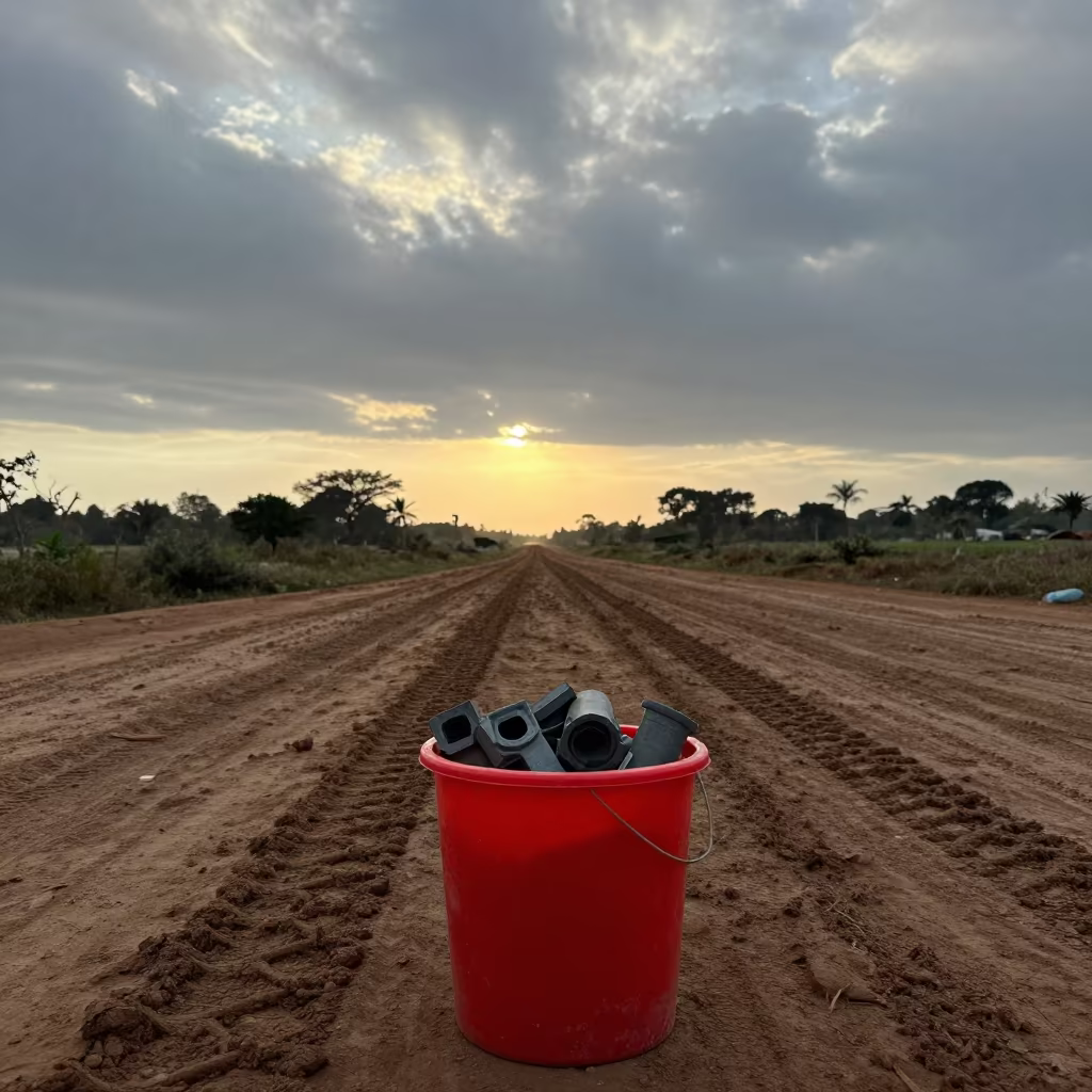 Tile Spacer Bucket Before Sunrise in at a muddy site access road in Malawi