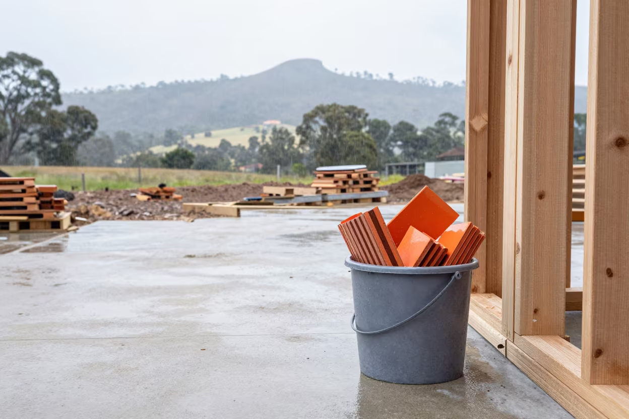 Tile Spacer Bucket on NSW Construction Site in beside a framed building shell in New South Wales