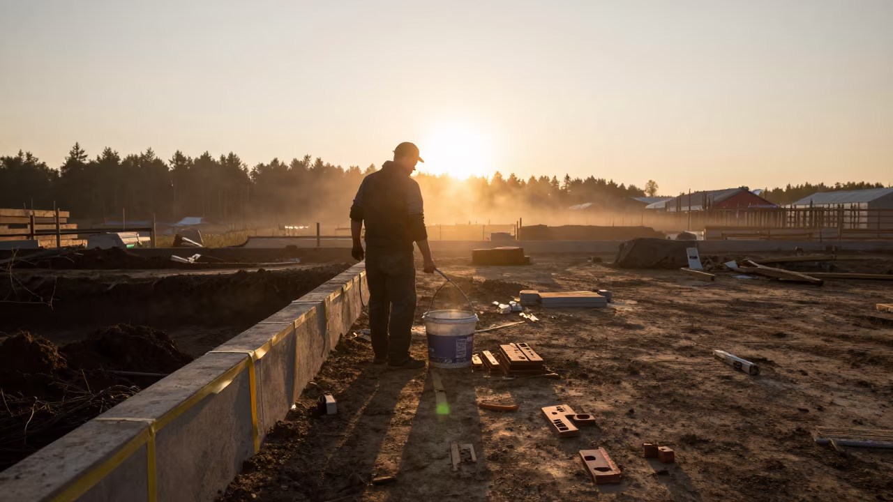 Tile Spacer Bucket in Russian Far East Excavation in inside a taped-off excavation edge in the Russian Far East