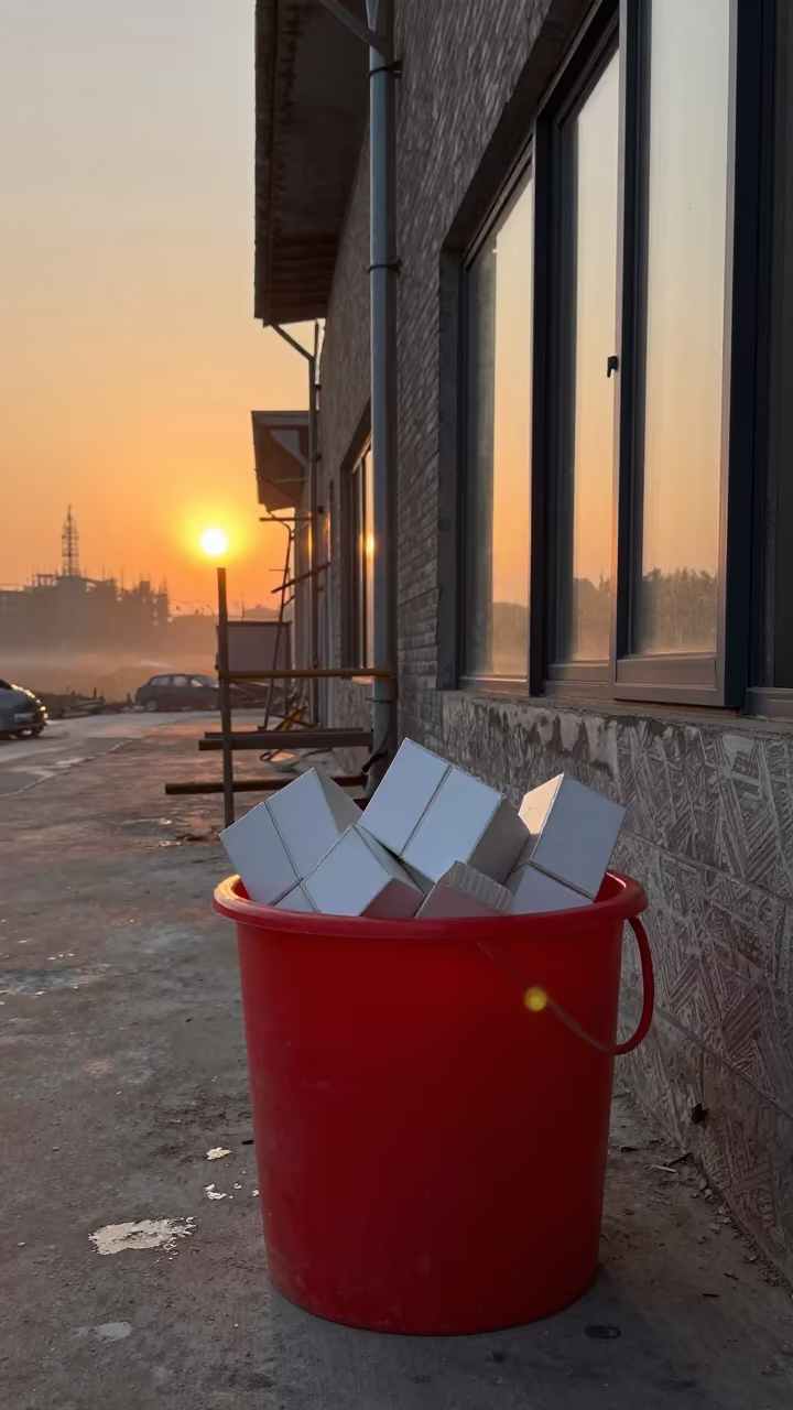Tile Spacer Bucket Sunset Fog Ningbo Scaffolding in along a scaffolded facade near Ningbo