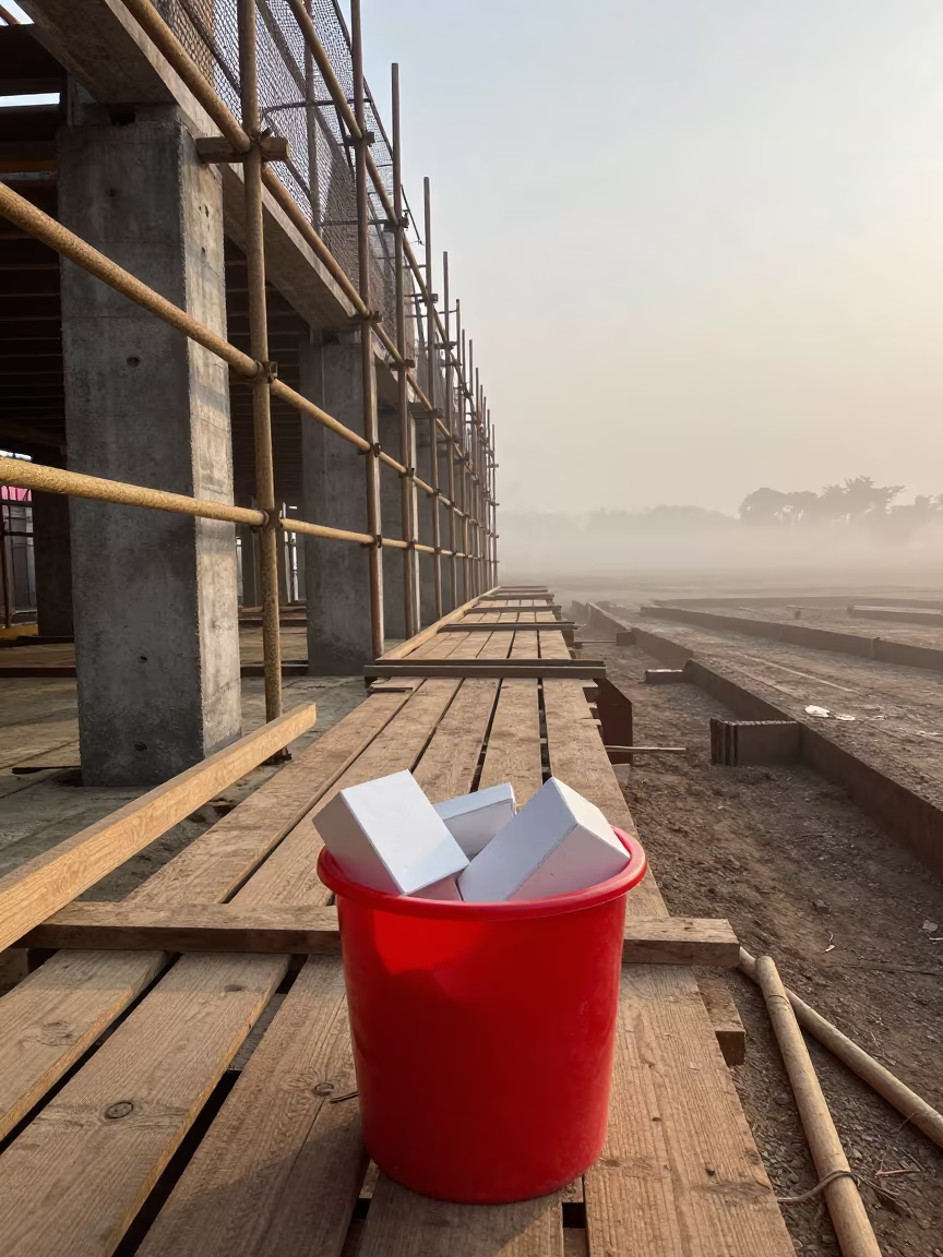 Tile Spacer Bucket on Ugandan Construction Deck at Dawn in on an active construction deck in Uganda