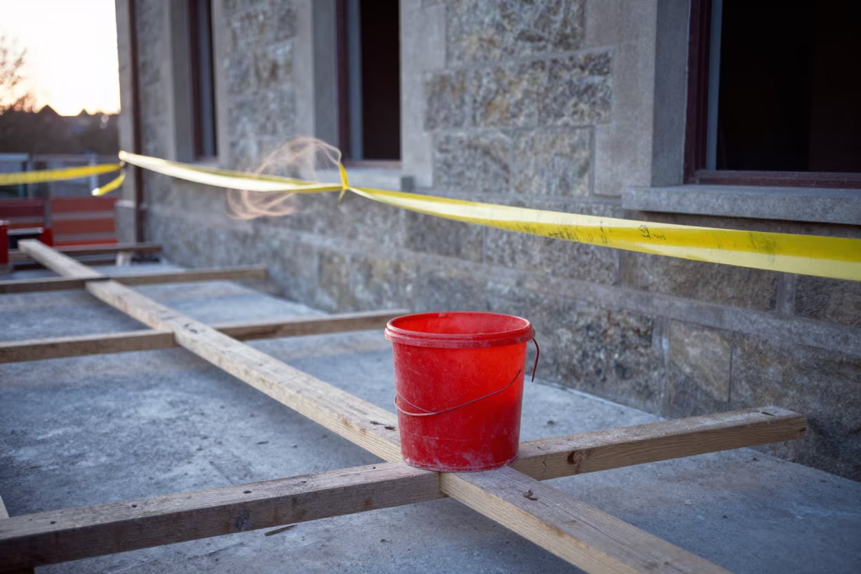 Tile Spacing Bucket on Brittany Scaffold Sunrise in along a scaffolded facade in Brittany