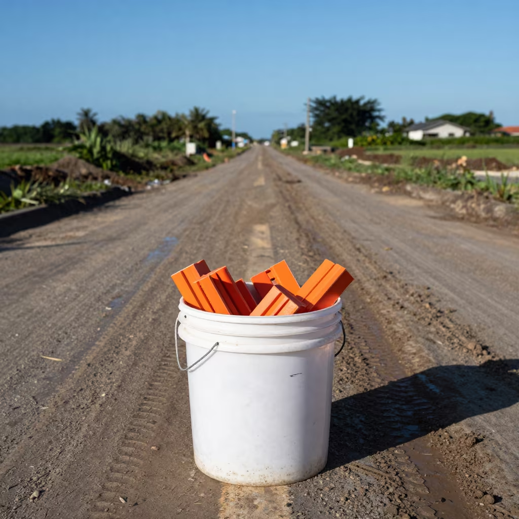 Tile Spacing Bucket on Muddy Shikoku Road in at a muddy site access road in Shikoku