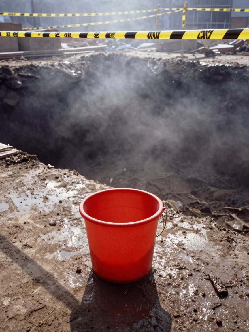Tile Spacing Bucket on Sandakan Construction Site in inside a taped-off excavation edge in Sandakan