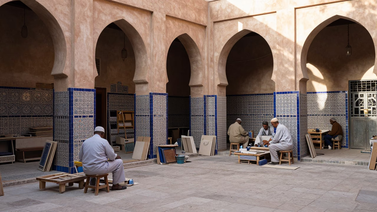 Tile Workshop in Fez at The Early Afternoon Light in in Fez, Morocco