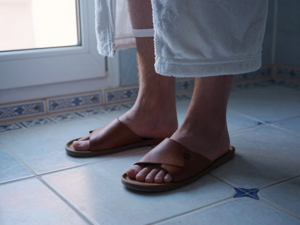 Tiled Bathroom Floor Dawn Slippers Bathrobe in in a cozy kitchen in Halfaouine, Tunis