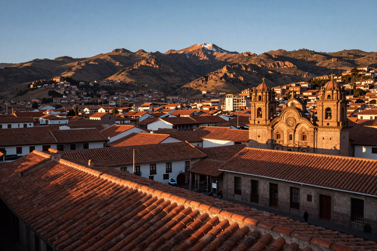 Tiled Roofs at As First Light Reaches The Scene in Cusco in in Cusco, Peru
