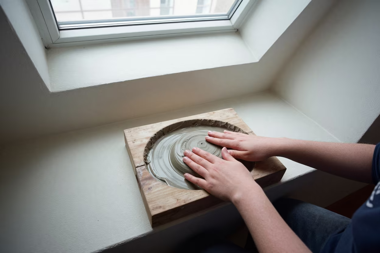 Tilemaker Pressing Clay Mold Harbin Display in on a painted display ledge in Harbin