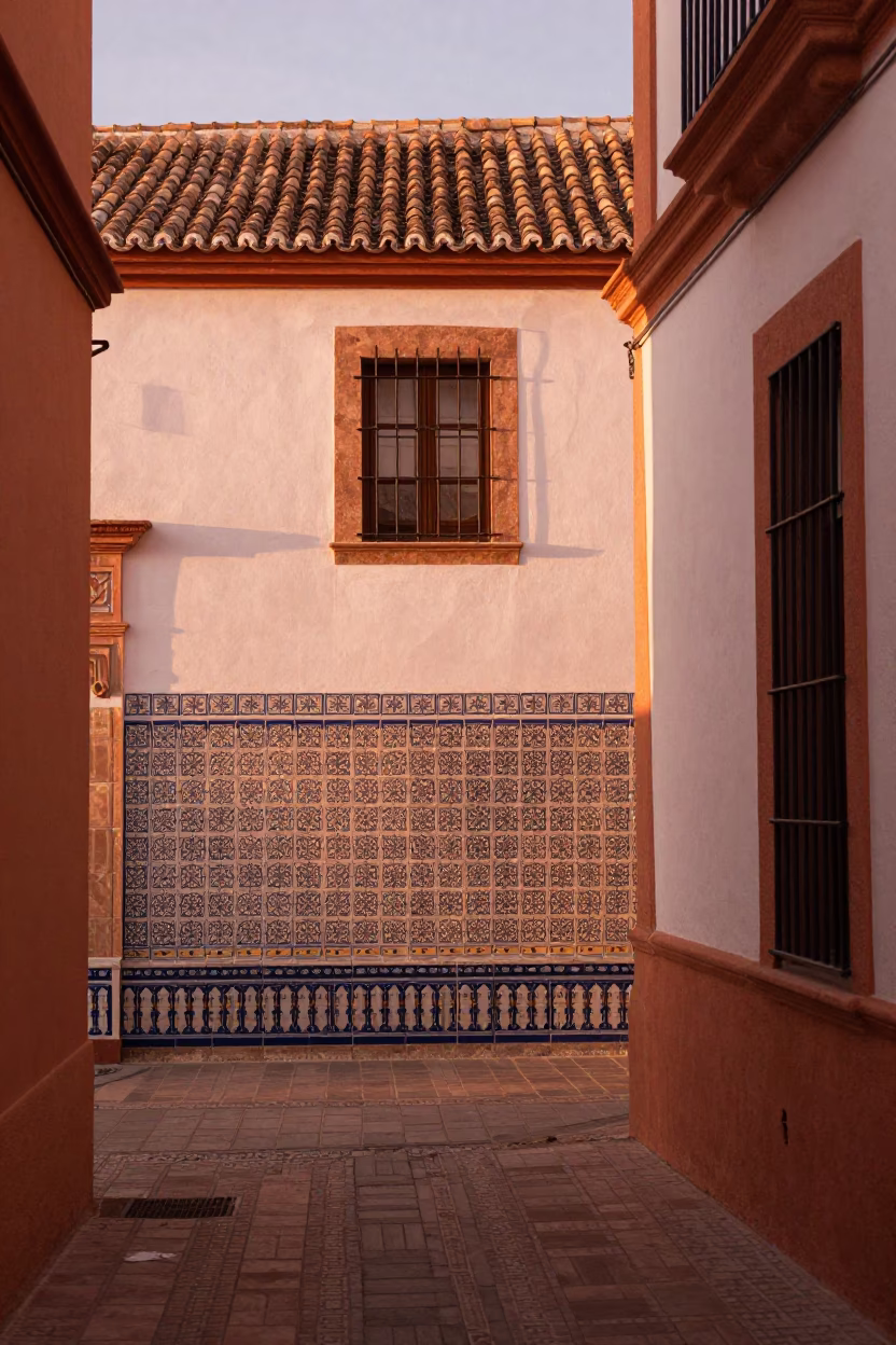 Tiles Courtyard in Valencia at Copper-toned Light Before Dusk in in Valencia, Spain