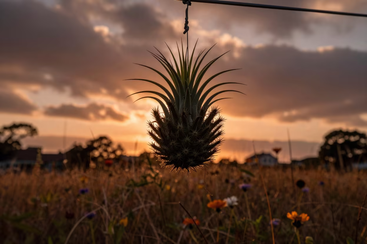 Tillandsia Ball Silhouette Against Copper Sunset Sky in in a bloom-heavy meadow near San Francisco de Macorís