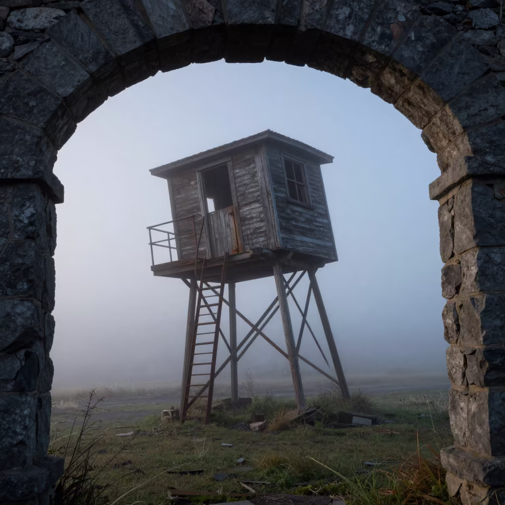 Tilted Fire Tower in Misty Thane Dawn in beneath a broken stone arch near Thane