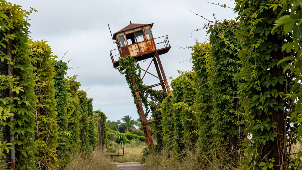 Tilted Fire Tower Amidst Panama Vine Corridor in along a vine-choked corridor in Panama