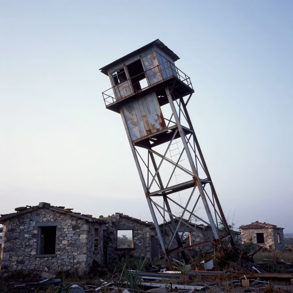 Tilting Fire Tower Dawn Light Ruins in among roofless stone chambers near Oran