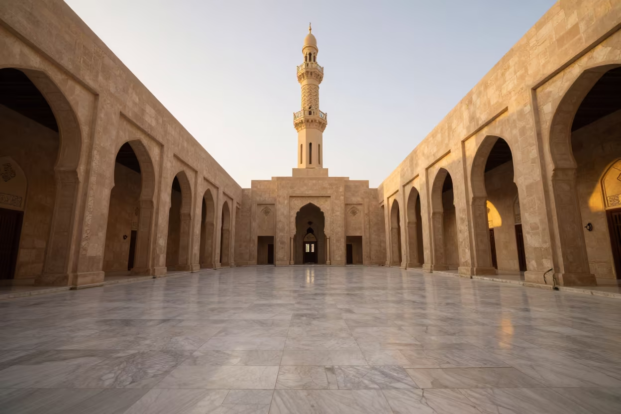 Tilting Minaret in Golden Dubai Mosque Hall in in a mosque prayer hall in Dubai
