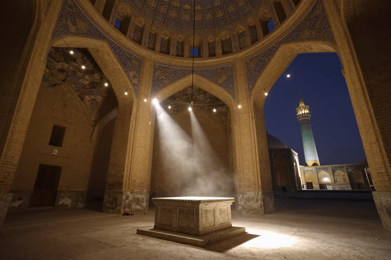 Tilting Minaret Mosque Midnight Glow in at the foot of a stone altar in Isfahan