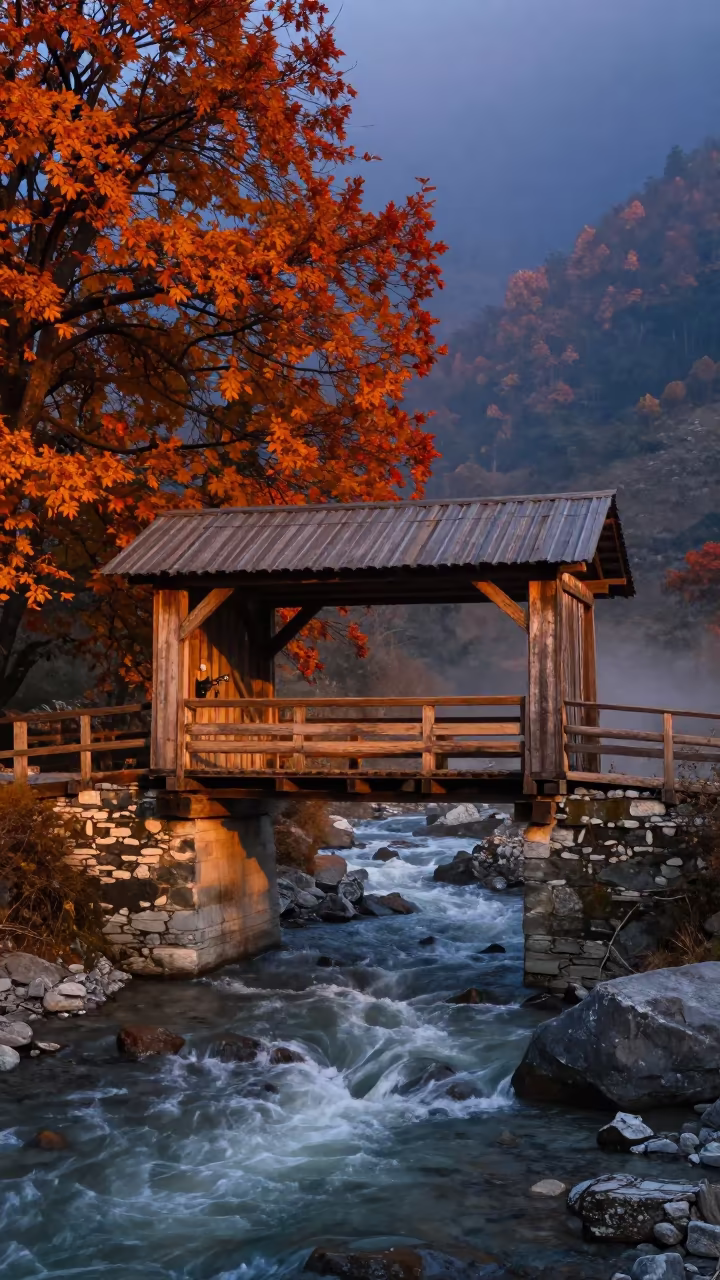 Timber Bridge Over Mountain Stream at Sunset in in Uttarakhand