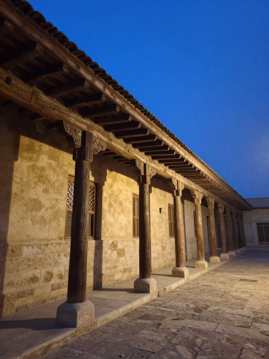 Timber Facade Giza Evening Shadow in along a colonnaded facade near Giza