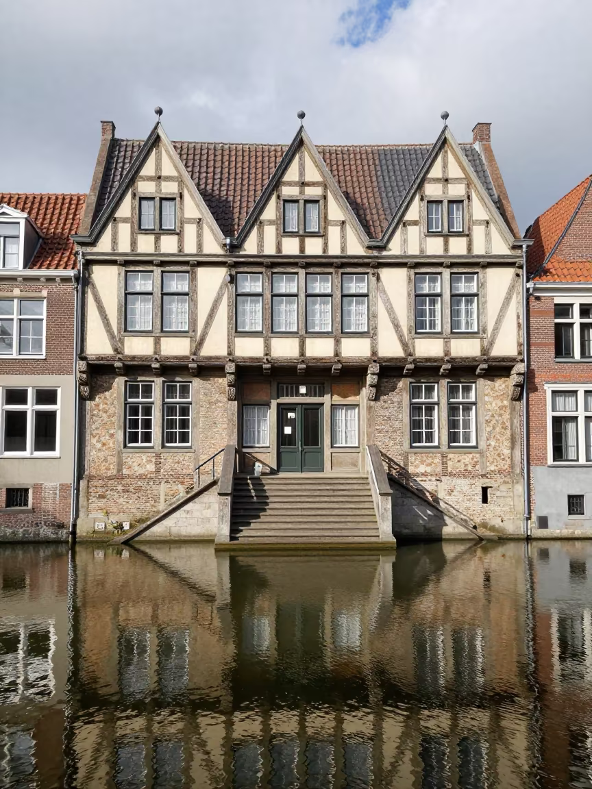 Timber Frame House Facade Reflected in Water in at the base of a monumental staircase in Maastricht