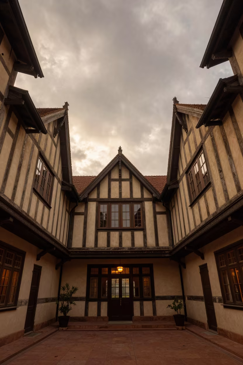 Timber Frame Tudor House Inside Atrium Near Prayagraj in inside a vaulted atrium near Prayagraj