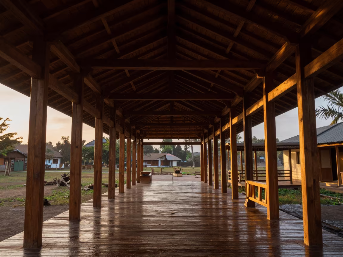 Timber Pavilion Golden Hour Jijiga Atrium Drizzle in inside a vaulted atrium in Jijiga