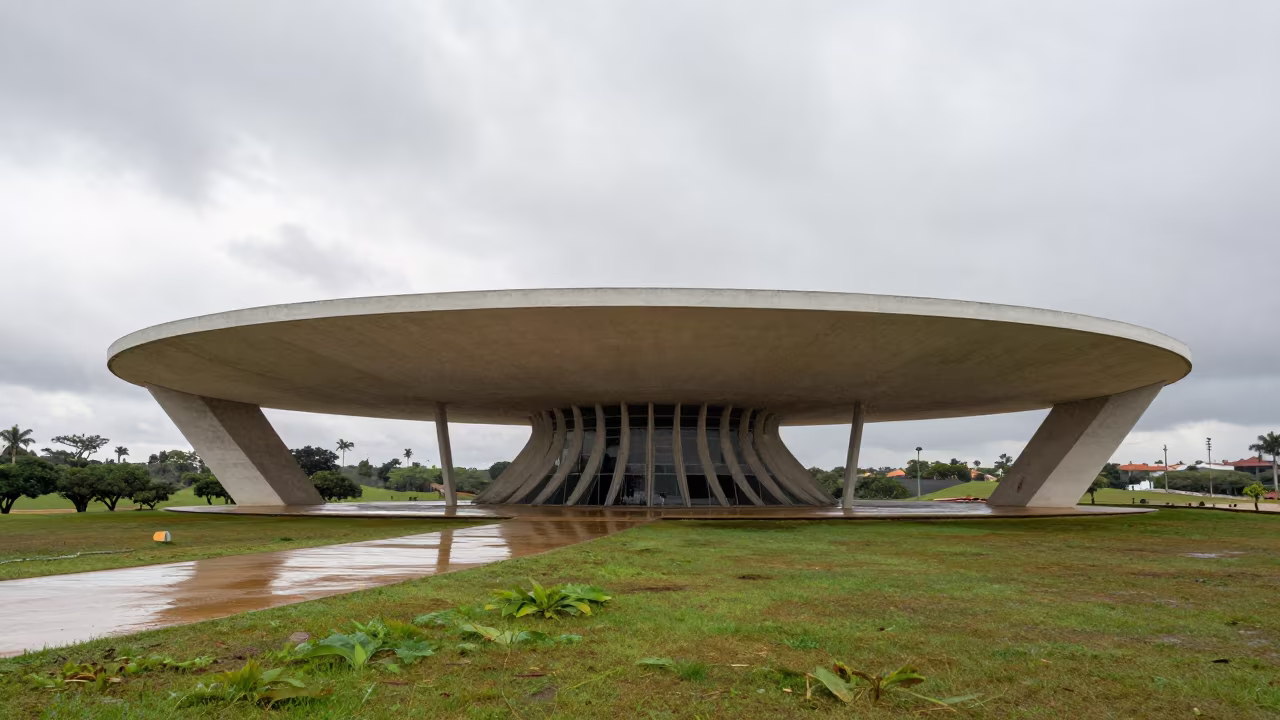 Timber Pavilion on Hilltop with Concrete Lobby Reflections in inside a ribbed concrete lobby in Brasilia