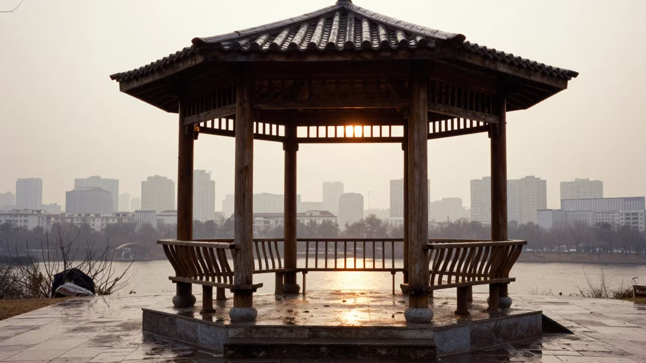 Timber Pavilion Hilltop Panorama Beijing Morning in inside a skylit passageway near Sanlitun, Beijing