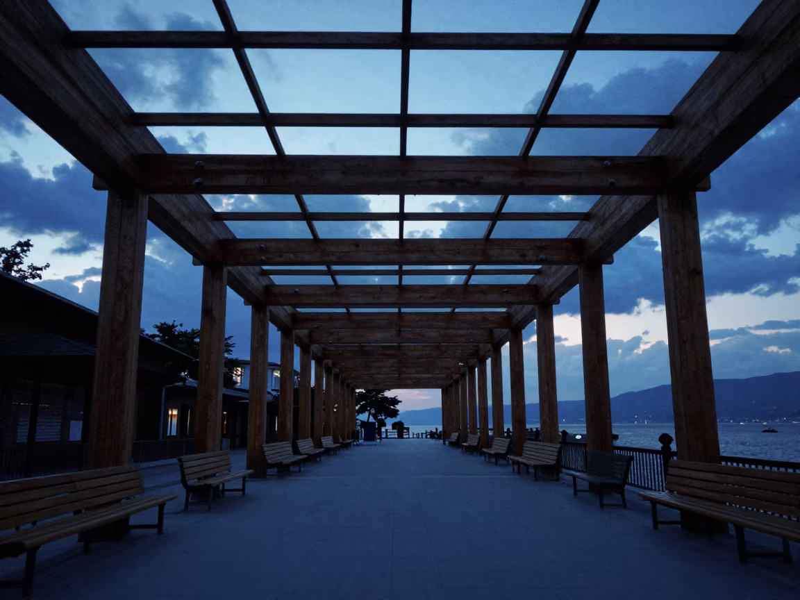 Timber Truss and Seating in Blue Hour Skylit Passageway in inside a skylit passageway near Yalova