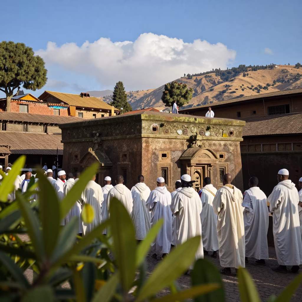 Timkat Procession in Lalibela White Robes in at a public square during a festival in Lalibela