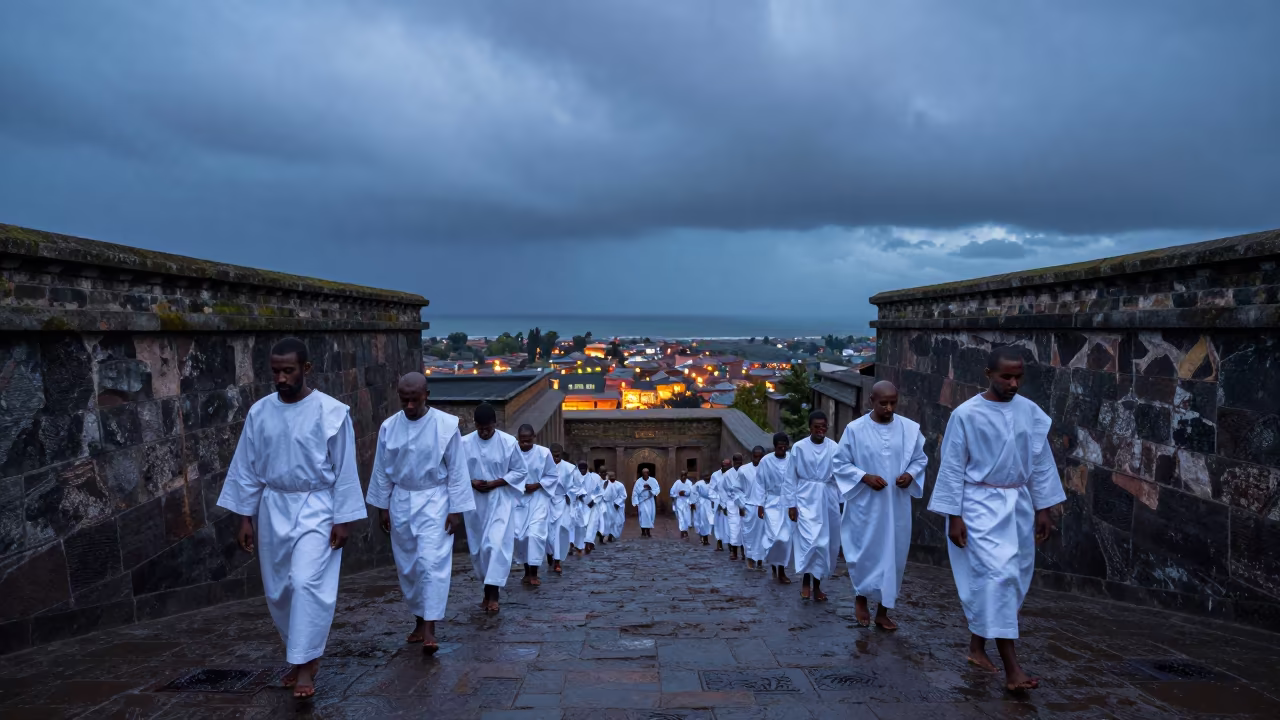 Timkat Procession at Surreal Waterfront Doorway in at a waterfront celebration near Lalibela