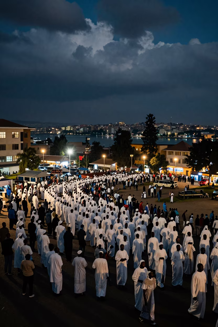 Timkat Procession White Robes Night Rim Light in at a waterfront celebration in Meskel Square, Addis Ababa